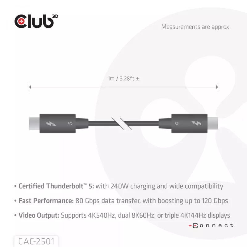 CLUB3D Thunderbolt™ 5 sertificēts 8K240Hz datu 80/120 Gbps EPR 240 vatu kabelis M/M 1m / 3.28 pēdas