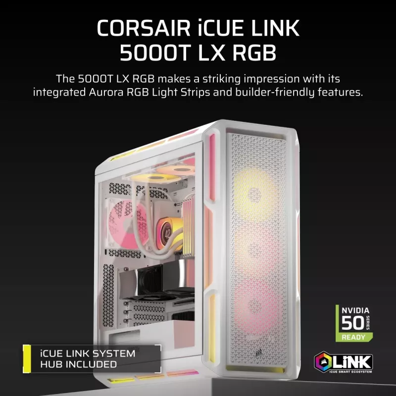CORSAIR datora korpuss - Geh Midi 5000t Lx Rgb (rūdīts stikls) balts