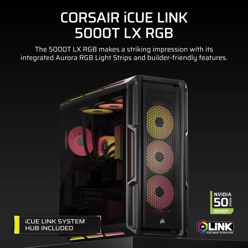 CORSAIR datora korpuss - Icue Link 5000t Lx RGB vidējais tornis ar augstu veiktspēju