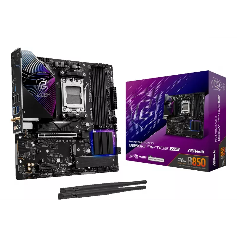 ASRock mātesplate B850M Riptide WiFi AM5 AMD B850 4 x DDR5 1 x HDMI 2.1 Tmds/frl 8g 1 x DisplayPort 1.4 ar DSC mATX