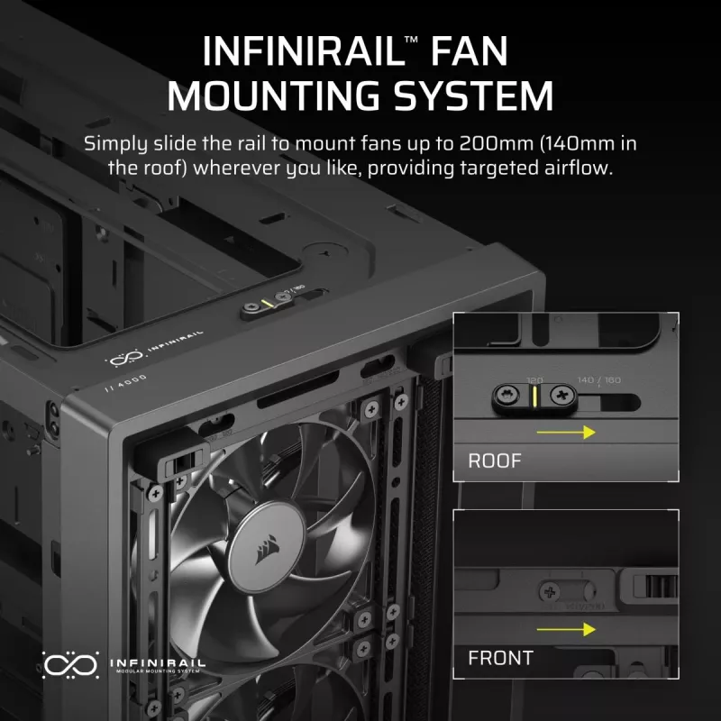 PC korpuss CORSAIR FRAME 4000D RS Midi Tower — melns, EATX atbalsts, rūdīts stikls, USB-C, 3x120mm priekšējie ventilatori