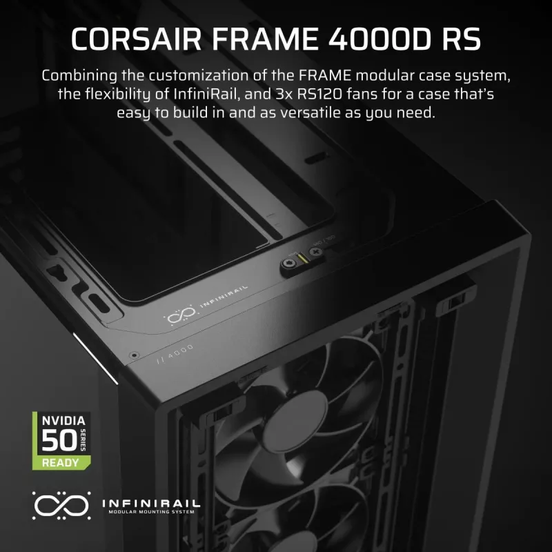 PC korpuss CORSAIR FRAME 4000D RS Midi Tower — melns, EATX atbalsts, rūdīts stikls, USB-C, 3x120mm priekšējie ventilatori