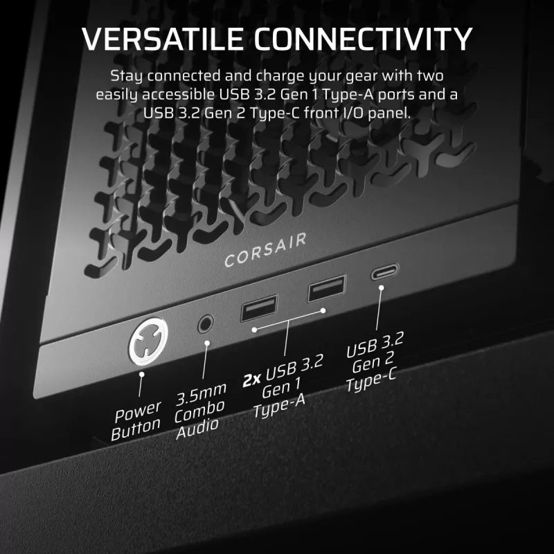 PC korpuss CORSAIR FRAME 4000D RS Midi Tower — melns, EATX atbalsts, rūdīts stikls, USB-C, 3x120mm priekšējie ventilatori
