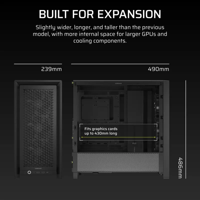 PC korpuss CORSAIR FRAME 4000D RS Midi Tower — melns, EATX atbalsts, rūdīts stikls, USB-C, 3x120mm priekšējie ventilatori