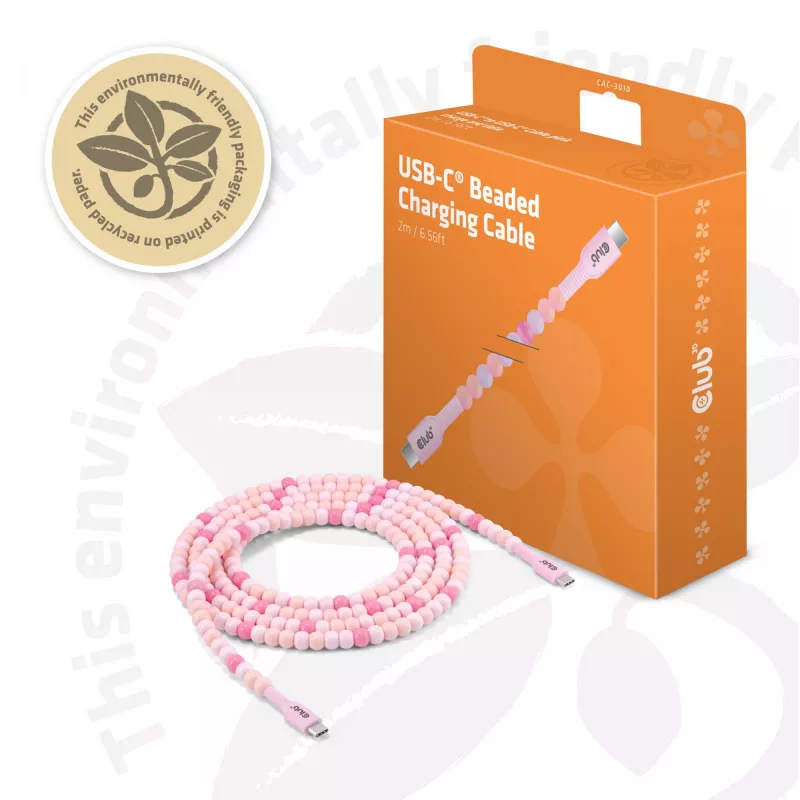 CLUB3D USB-C® pērlīšu kabelis, rozā, 2 m, USB C, USB C, 0.48 Gbit/s, rozā