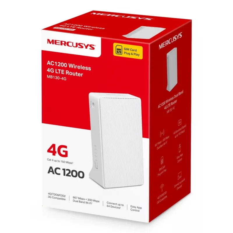 MERCUSYS Mb130-4g Bezvadu maršrutētājs Ethernet Divjoslu (2,4 GHz / 5 GHz) - Balts