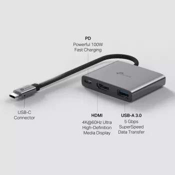 USB Type-C centrmezgls TP-Link UH3020C — 3 porti (HDMI, USB-A, USB-C), 5 Gbit/s, HDMI 4K@60Hz, PD līdz 100W, alumīnijs, 0,18 m kabelis