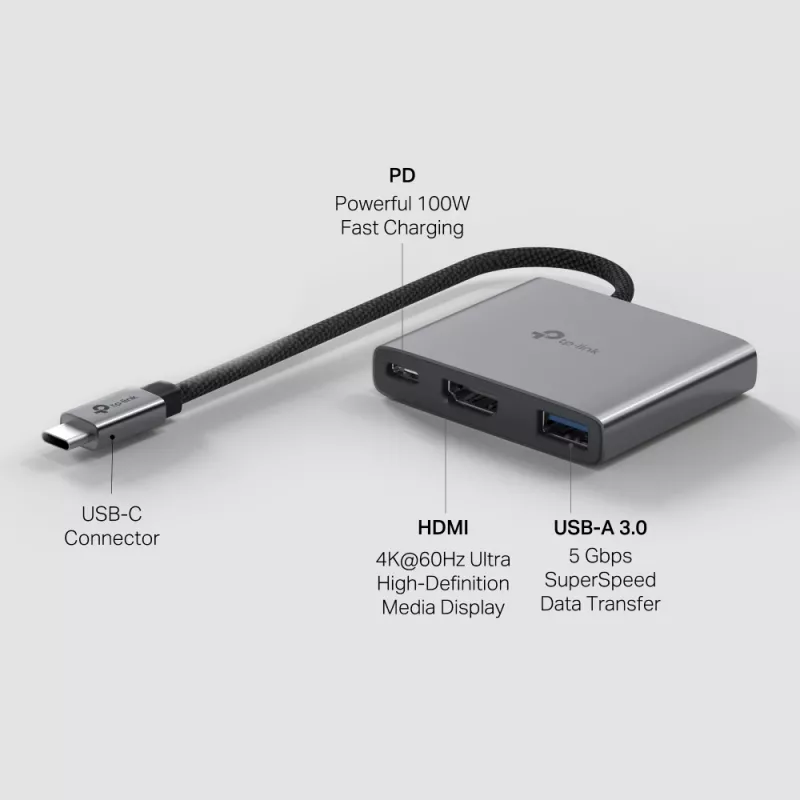 USB Type-C centrmezgls TP-Link UH3020C — 3 porti (HDMI, USB-A, USB-C), 5 Gbit/s, HDMI 4K@60Hz, PD līdz 100W, alumīnijs, 0,18 m kabelis