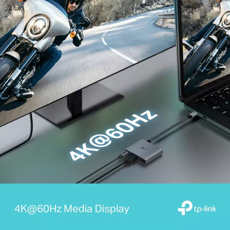 USB Type-C centrmezgls TP-Link UH3020C — 3 porti (HDMI, USB-A, USB-C), 5 Gbit/s, HDMI 4K@60Hz, PD līdz 100W, alumīnijs, 0,18 m kabelis