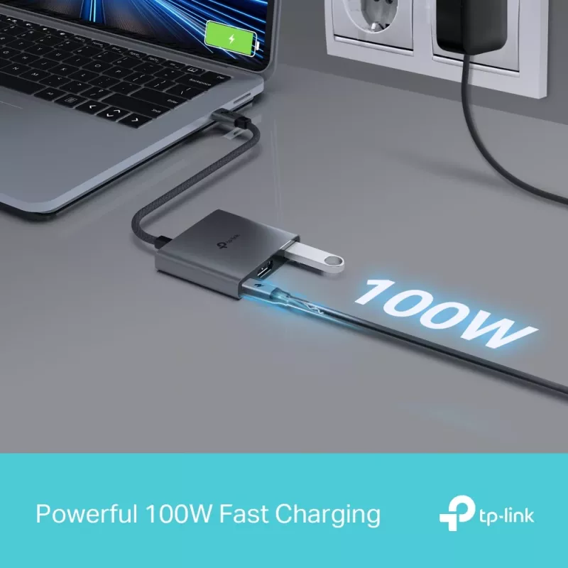 USB Type-C centrmezgls TP-Link UH3020C — 3 porti (HDMI, USB-A, USB-C), 5 Gbit/s, HDMI 4K@60Hz, PD līdz 100W, alumīnijs, 0,18 m kabelis
