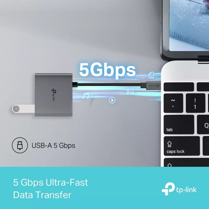 USB Type-C centrmezgls TP-Link UH3020C — 3 porti (HDMI, USB-A, USB-C), 5 Gbit/s, HDMI 4K@60Hz, PD līdz 100W, alumīnijs, 0,18 m kabelis