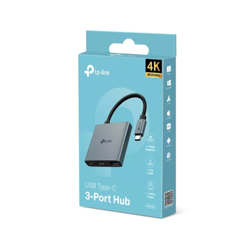 USB Type-C centrmezgls TP-Link UH3020C — 3 porti (HDMI, USB-A, USB-C), 5 Gbit/s, HDMI 4K@60Hz, PD līdz 100W, alumīnijs, 0,18 m kabelis
