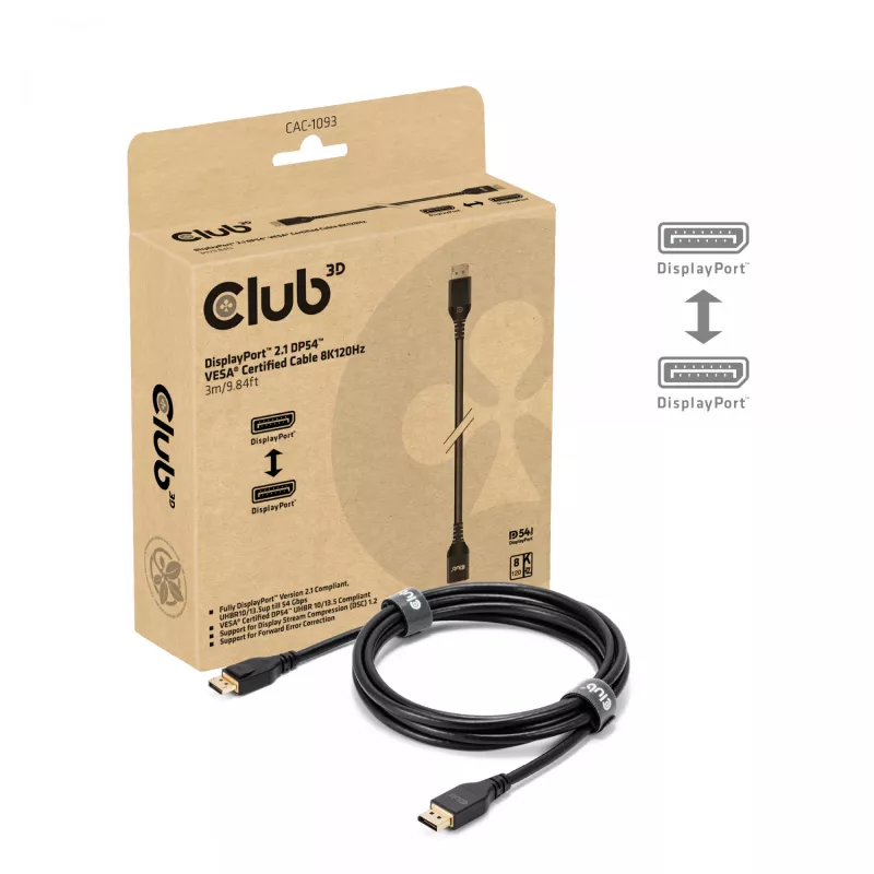 CLUB3D DisplayPort™ 2.1 DP54™ VESA® sertificēts kabelis 8K120Hz 3m/ 9.84ft