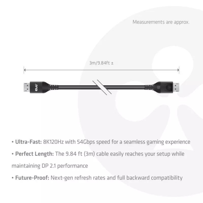 CLUB3D DisplayPort™ 2.1 DP54™ VESA® sertificēts kabelis 8K120Hz 3m/ 9.84ft