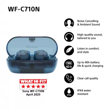 Austiņas Sony WFC710NL.CE7 iebūvētas True Wireless, Bluetooth 5.3, ANC, IPX4, 8.5/12 h atskaņošana, Glass Blue