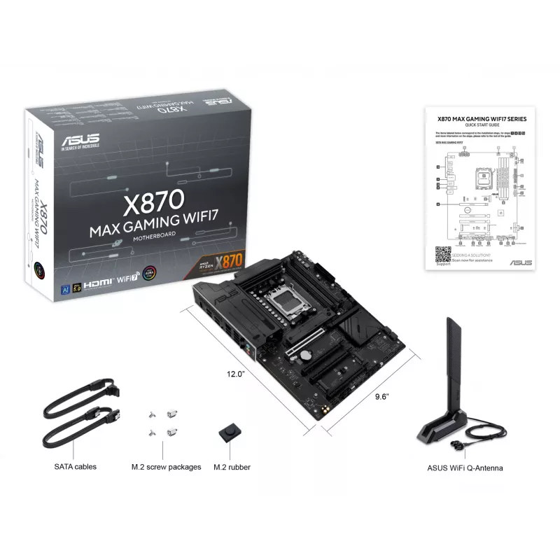 Mātesplate ASUS X870 MAX GAMING WIFI7 ATX — AMD X870, Socket AM5, DDR5, 4 DIMM, 256 GB, Wi‑Fi 7, Bluetooth 5.4, 3 M.2, 2x USB4 Gen3x2