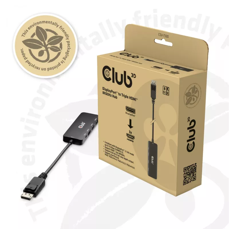 CLUB3D DisplayPort™ uz Triple HDMI™ 8K60Hz centrālmezgls, DisplayPort, HDMI, 2.1b/1.4a, 13,5 Mbit/s, 120 Hz, 3840 x 2160, 7680 x 4320