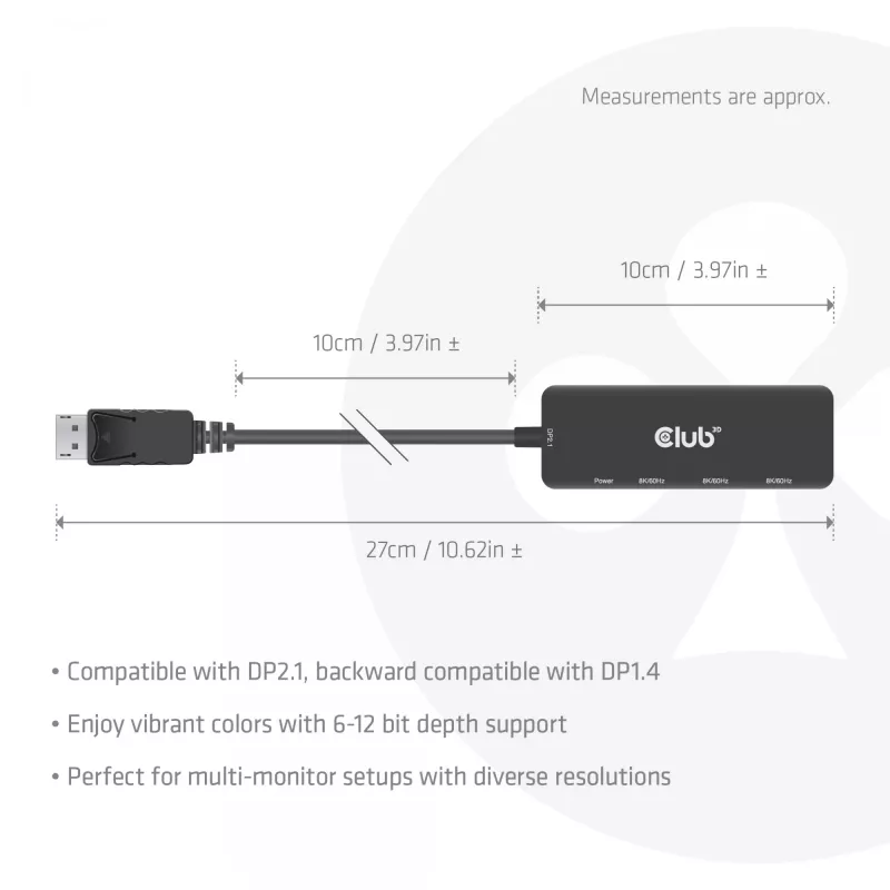 CLUB3D DisplayPort™ uz Triple HDMI™ 8K60Hz centrālmezgls, DisplayPort, HDMI, 2.1b/1.4a, 13,5 Mbit/s, 120 Hz, 3840 x 2160, 7680 x 4320
