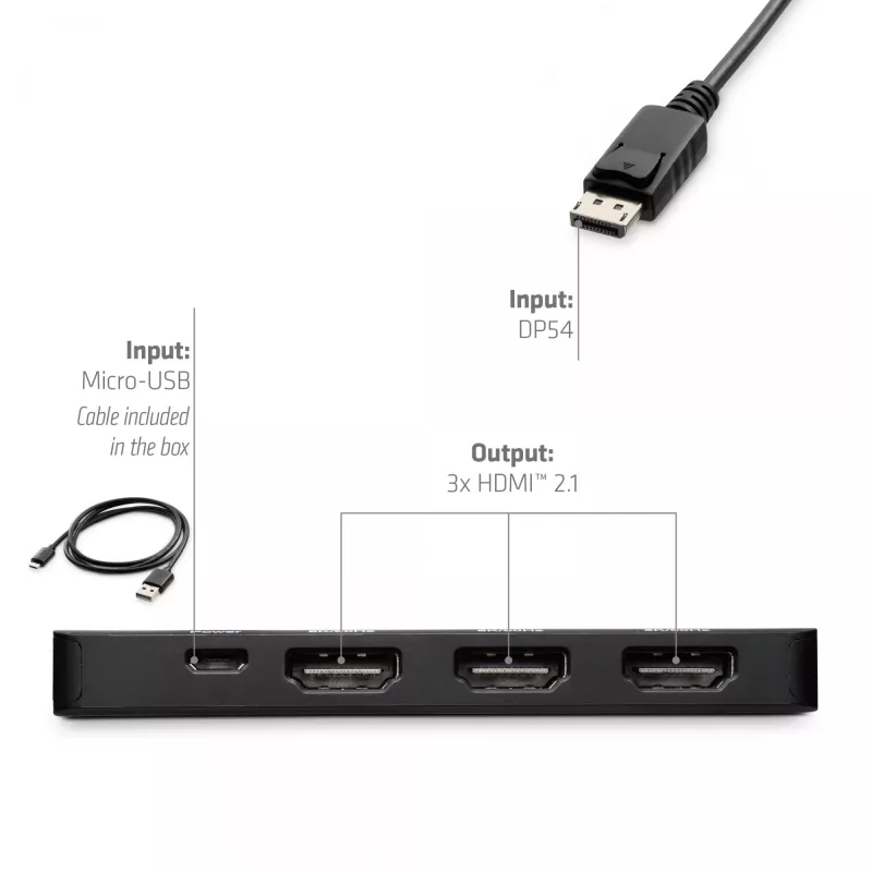 CLUB3D DisplayPort™ uz Triple HDMI™ 8K60Hz centrālmezgls, DisplayPort, HDMI, 2.1b/1.4a, 13,5 Mbit/s, 120 Hz, 3840 x 2160, 7680 x 4320