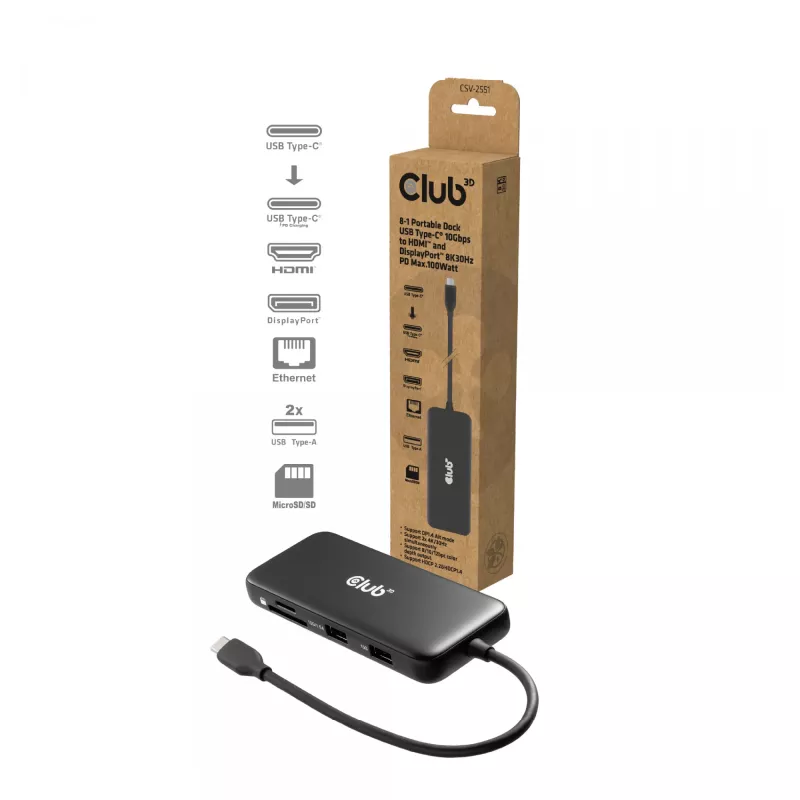 CLUB3D 8-1 portatīvā dokstacija USB Type-C® 10Gbps uz HDMI™ un DisplayPort™ 8K30Hz PD līdz 100W
