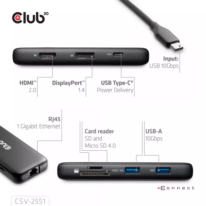 CLUB3D 8-1 portatīvā dokstacija USB Type-C® 10Gbps uz HDMI™ un DisplayPort™ 8K30Hz PD līdz 100W