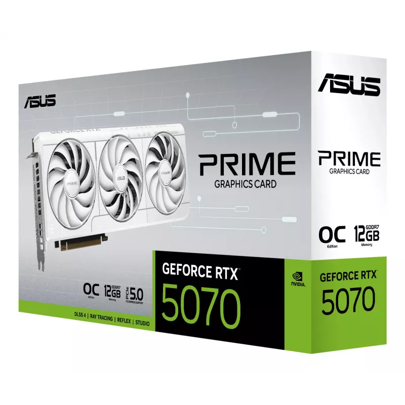 Grafikas karte ASUS GeForce RTX 5070 12 GB GDDR7, PCIe 5.0, 192-bit, balta, 3 ventilatori