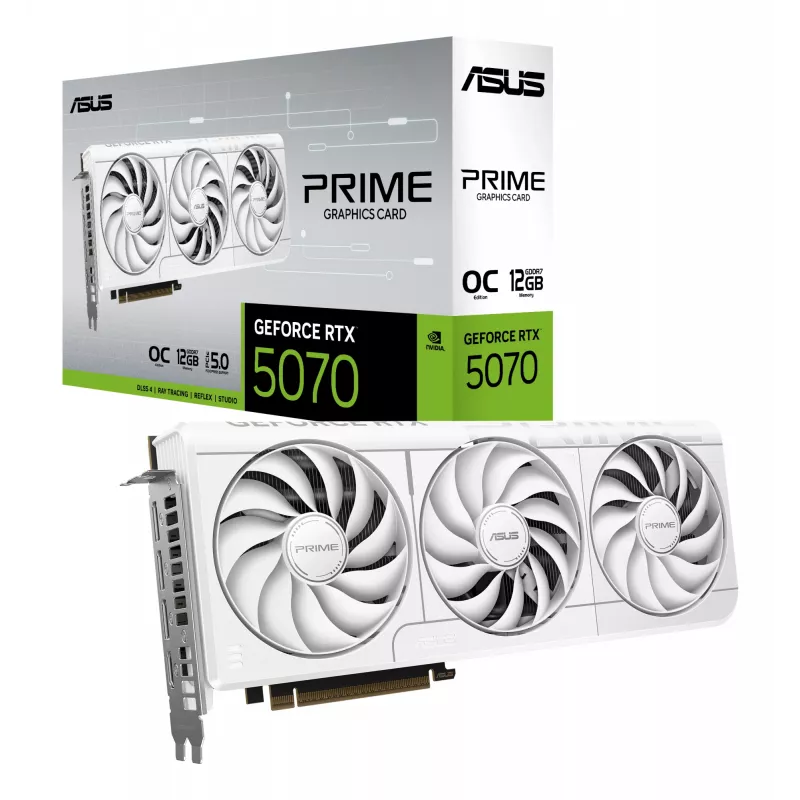 Grafikas karte ASUS GeForce RTX 5070 12 GB GDDR7, PCIe 5.0, 192-bit, balta, 3 ventilatori