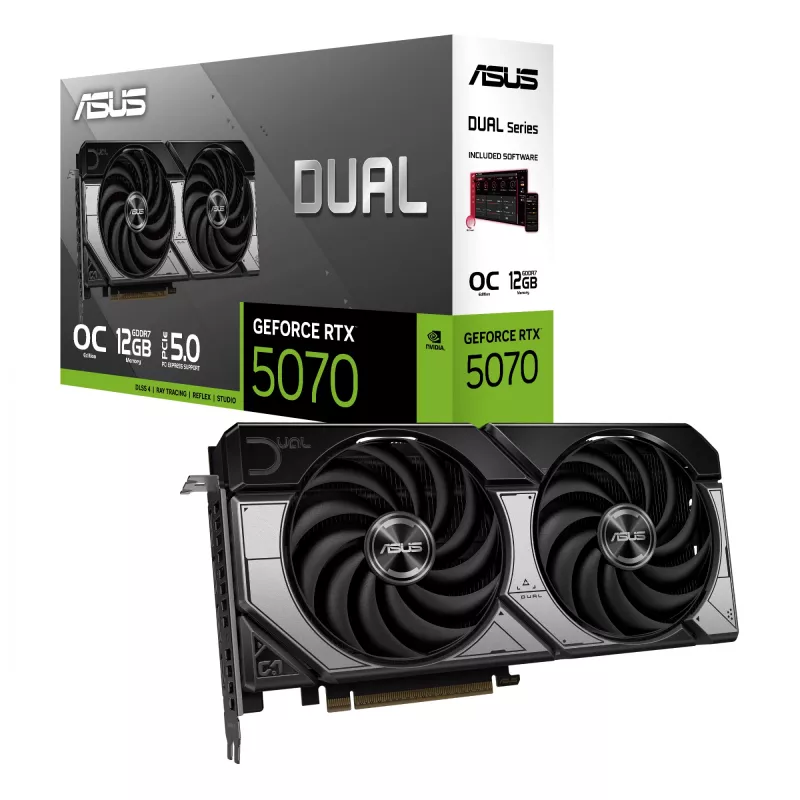 Grafikas karte ASUS GeForce RTX 5070 — 12 GB GDDR7, PCIe 5.0, 192-bit, 3x DisplayPort 2.1b, 1x HDMI 2.1b