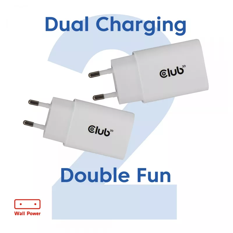 USB‑C lādētājs 2 gab. komplekts CLUB3D CAC-3020, 30 W kopējā jauda, balts