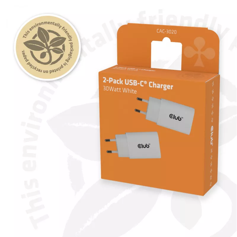 USB‑C lādētājs 2 gab. komplekts CLUB3D CAC-3020, 30 W kopējā jauda, balts