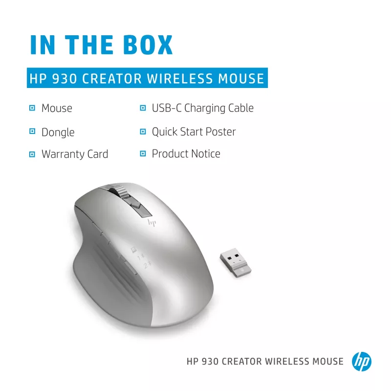 HP 930 Creator bezvadu pele, labā roka, Bluetooth, 3000 DPI, sudraba