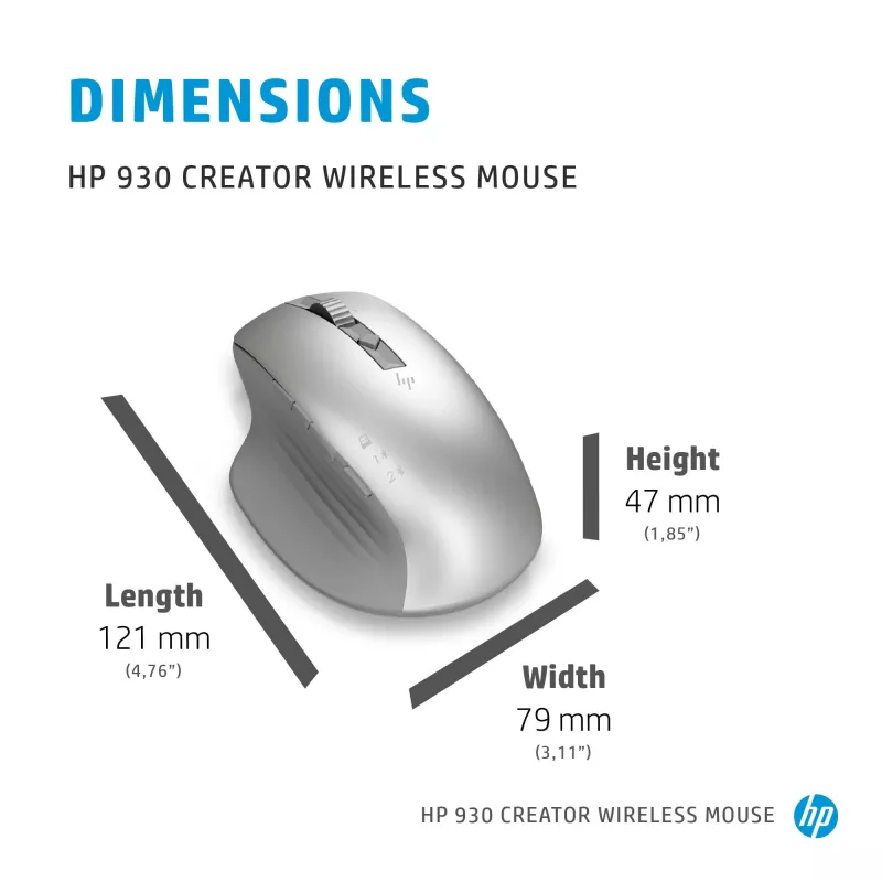 HP 930 Creator bezvadu pele, labā roka, Bluetooth, 3000 DPI, sudraba