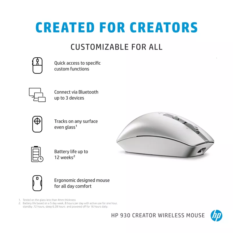 HP 930 Creator bezvadu pele, labā roka, Bluetooth, 3000 DPI, sudraba
