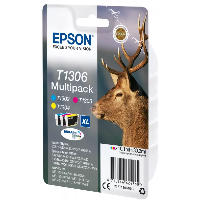 Epson Stag Multipack 3-colours T1306 DURABrite Ultra tintes, augsta (XL) ietilpība, ciāna, fuksīna, dzeltena, pigmenta tinte, 10,1 ml, 1 gab., vairāku kārtridžu komplekts