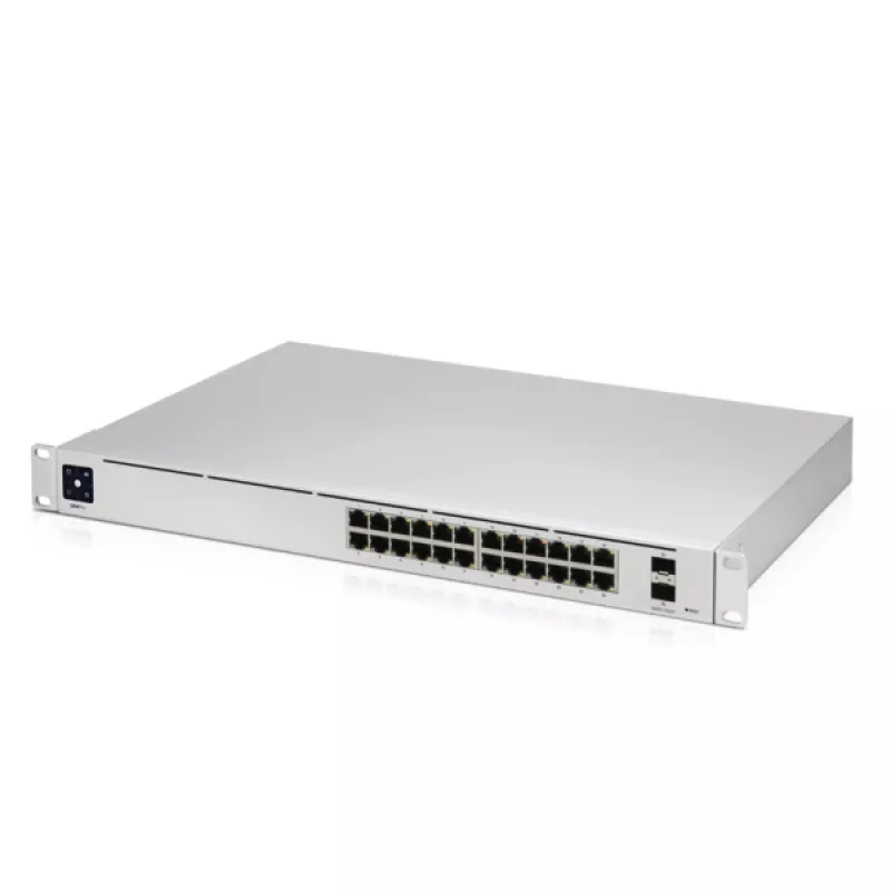 Pārvaldāms komutators UBIQUITI USW-PRO-24-EU — 24× Gigabit RJ-45, 2× SFP+, L2/L3, montējams statīvā, sudraba