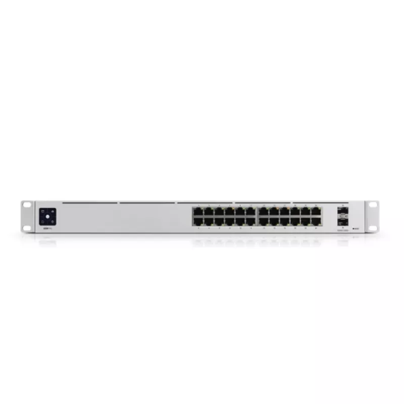 Pārvaldāms komutators UBIQUITI USW-PRO-24-EU — 24× Gigabit RJ-45, 2× SFP+, L2/L3, montējams statīvā, sudraba