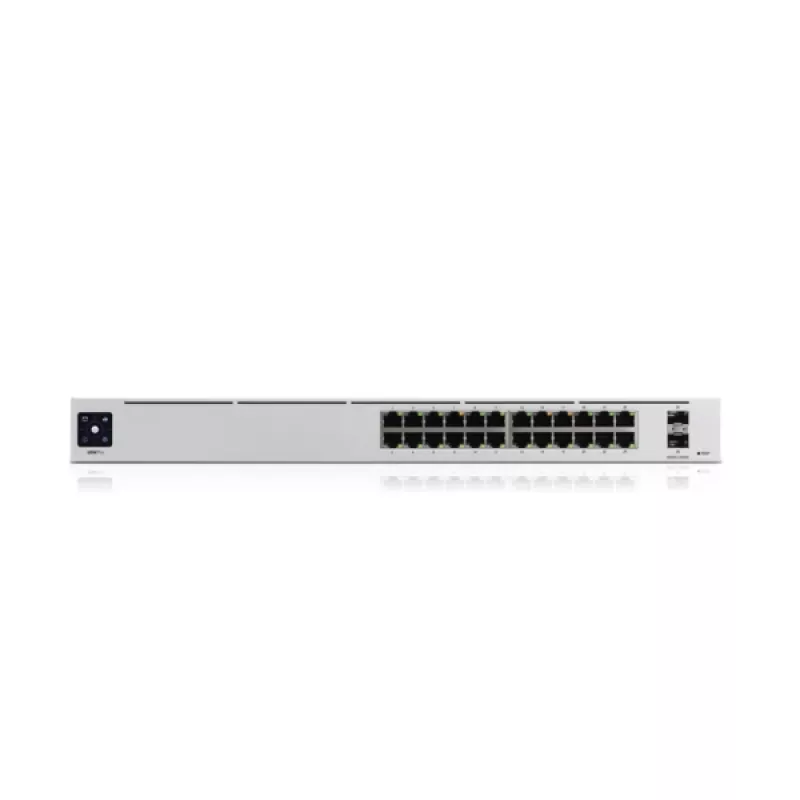 Pārvaldāms komutators UBIQUITI USW-PRO-24-EU — 24× Gigabit RJ-45, 2× SFP+, L2/L3, montējams statīvā, sudraba