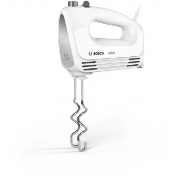 Rokas mikseris Bosch MFQ24200 — 400 W, 4 ātrumi, turbo, suku tērauds/balts