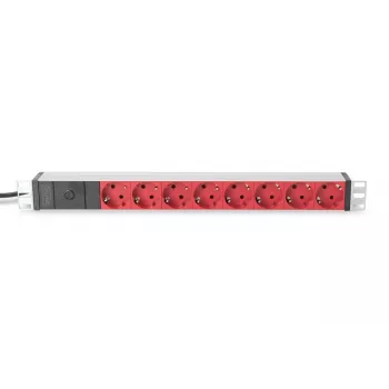 DIGITUS 1U Alumīnijs PDU, rackmountable 10A Plug, 250VAC 50/60Hz, 8x Sarkans CEE 7/7 outlet pre-fuse, IEC C14 plug