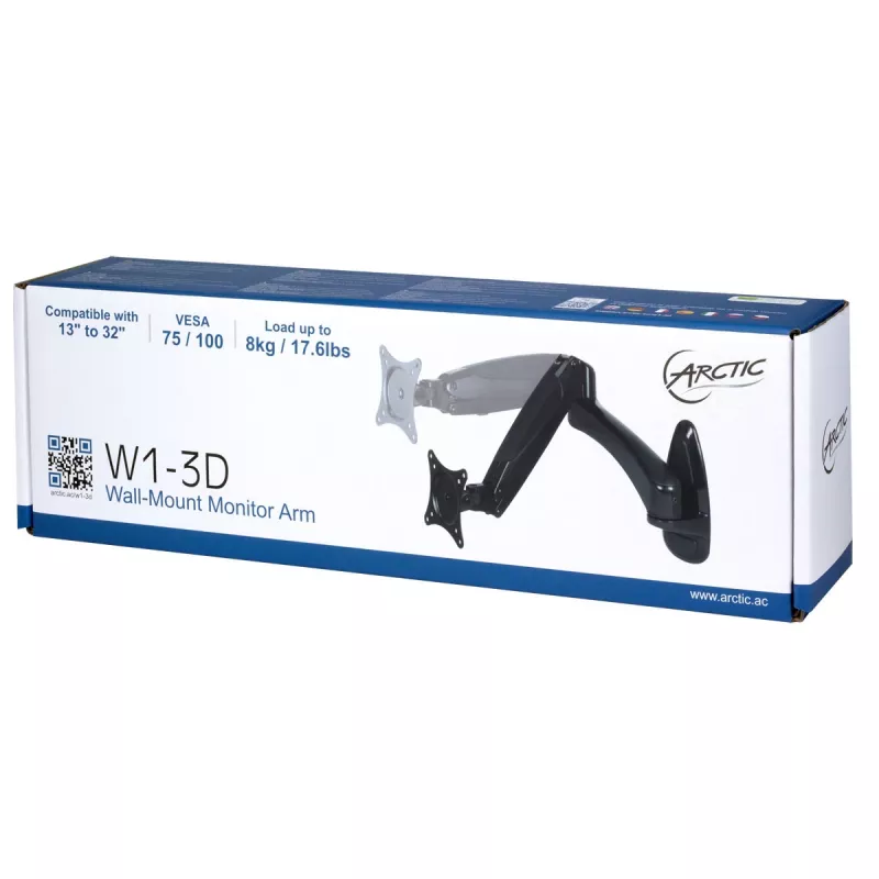 ARCTIC W1-3D - Monitor Wall Mount with Gas Lift Technology, 8 kg, 33 cm (13 inch), 81.3 cm (32 inch), 75 x 75 mm, 100 x 100 mm, Melns