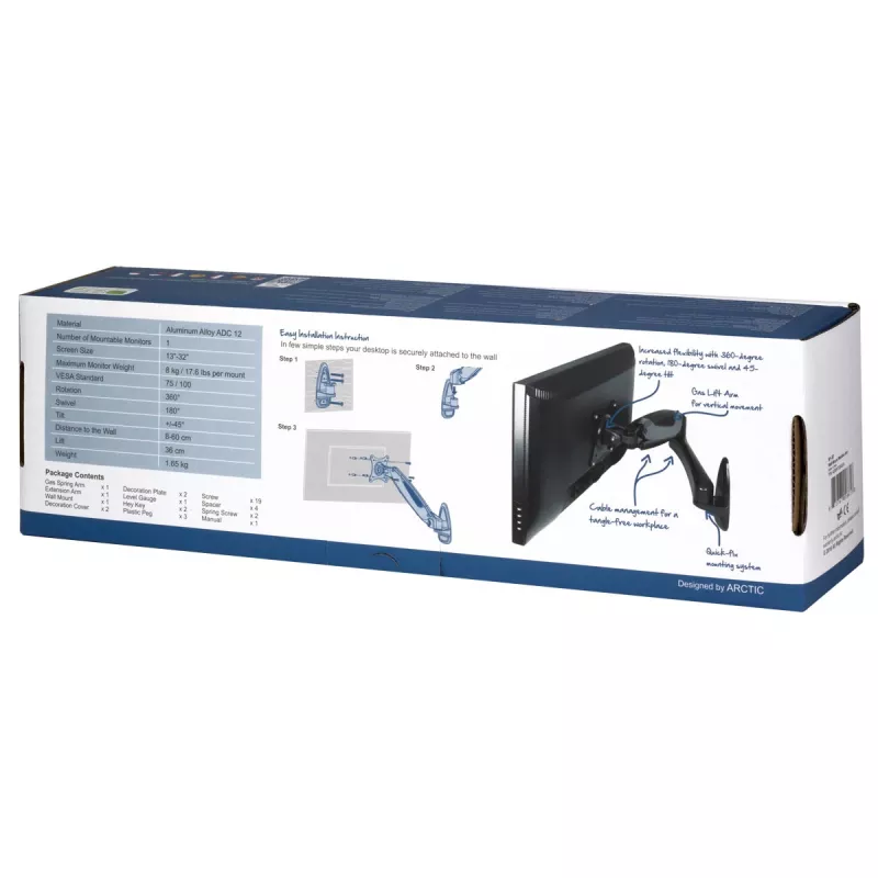 ARCTIC W1-3D - Monitor Wall Mount with Gas Lift Technology, 8 kg, 33 cm (13 inch), 81.3 cm (32 inch), 75 x 75 mm, 100 x 100 mm, Melns