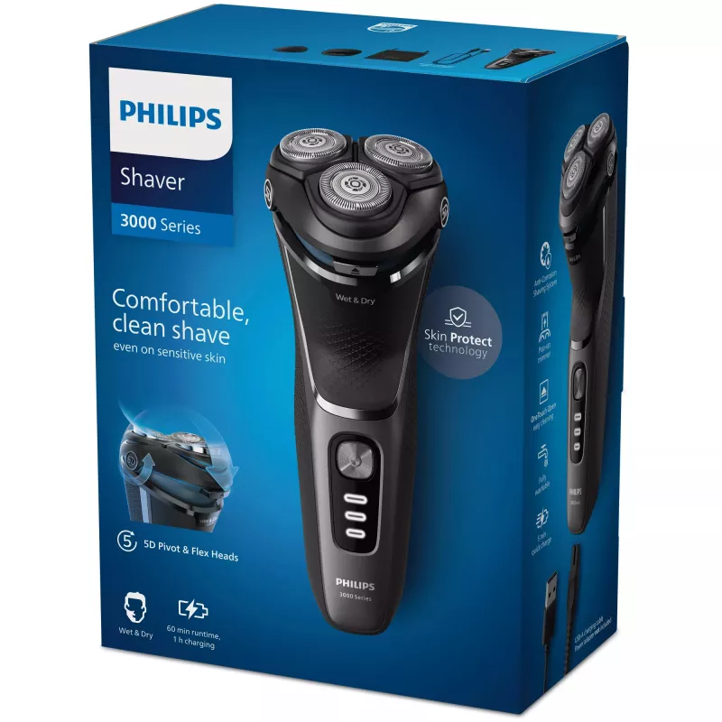Elektriskais skuveklis Philips 3000 Series S3343/13 — 3 galviņu rotējošais, mitrai un sausai skūšanai, 60 min baterijas darbība, PowerCut asmeņi