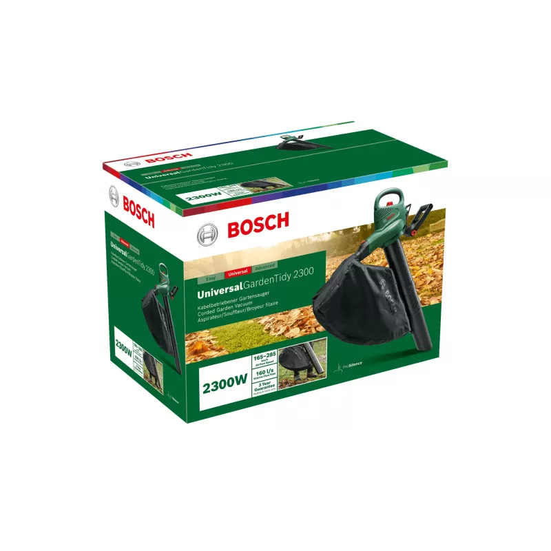 Rokas pūtējs Bosch Universal GardenTidy 2300 — 2300 W, 576 m³/h, 45 L savākšanas maiss, 185–285 km/h, sasmalcināšanas funkcija