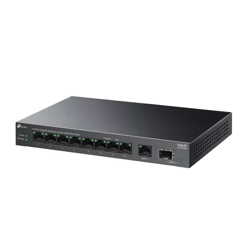 Nepārvaldāms slēdzis TP-LINK LS1210GP 10 portu Gigabit, 8× PoE+ (61 W kopā), 1× SFP, 9× RJ‑45 Gigabit