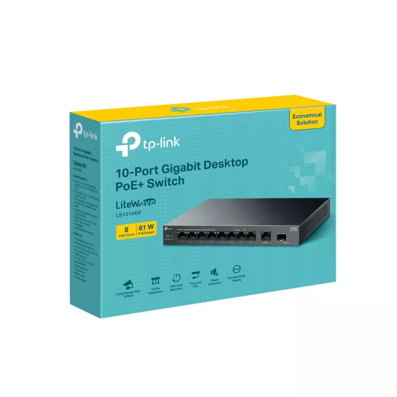 Nepārvaldāms slēdzis TP-LINK LS1210GP 10 portu Gigabit, 8× PoE+ (61 W kopā), 1× SFP, 9× RJ‑45 Gigabit