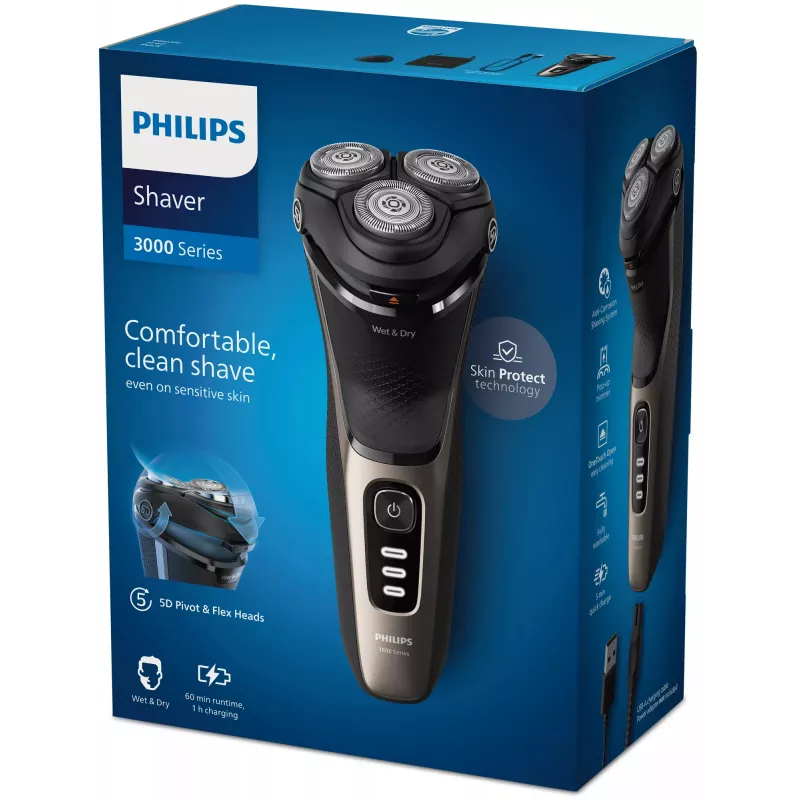 Elektriskais skuveklis Philips 3000 Series S3242/12 — 3 galvu rotējošais, mitrai un sausai skūšanai, 60 min darbības laiks, litija jonu akumulators