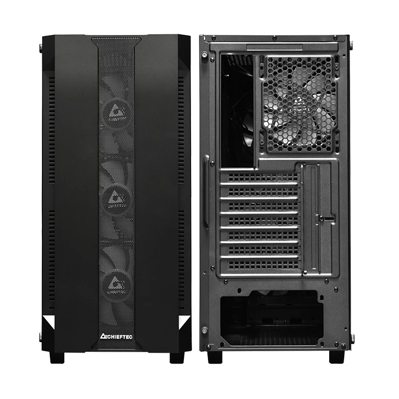 PC korpuss CHIEFTEC GS-01B-OP Tower Melns — rūdīts stikls, RGB ventilatori, atbalsta ATX/Micro-ATX, GPU līdz 320 mm