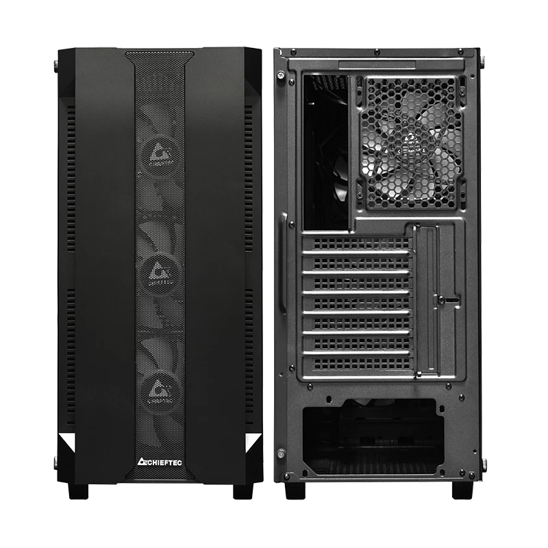 PC korpuss CHIEFTEC GS-01B-OP Tower Melns — rūdīts stikls, RGB ventilatori, atbalsta ATX/Micro-ATX, GPU līdz 320 mm