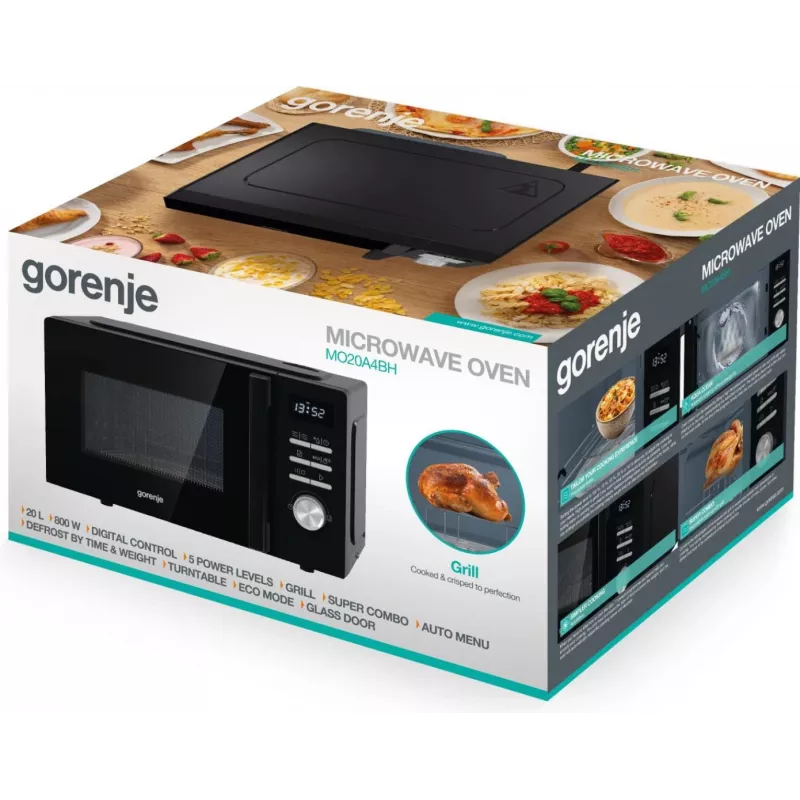 Kombinētā mikroviļņu krāsns Gorenje MO20A4BH — 20 L, 800 W, melna, 5 jaudas līmeņi