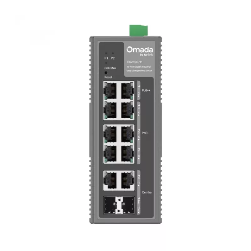 TP-Link Omada 10 portu gigabitais industriālais viegli pārvaldāmais komutators ar 6 portu PoE+ un 2 portu PoE++